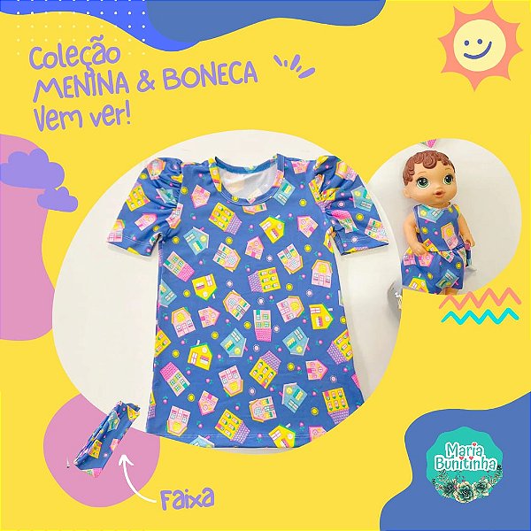 Vestido Cidade das bonecas - Azul de casinhas -  Menina & Boneca