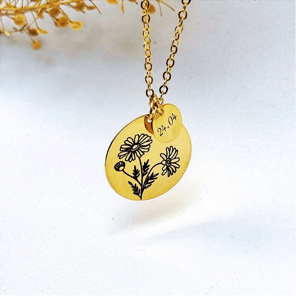 Colar Flor do Mês de Nascimento c/ Medalhinha - Ouro 18k