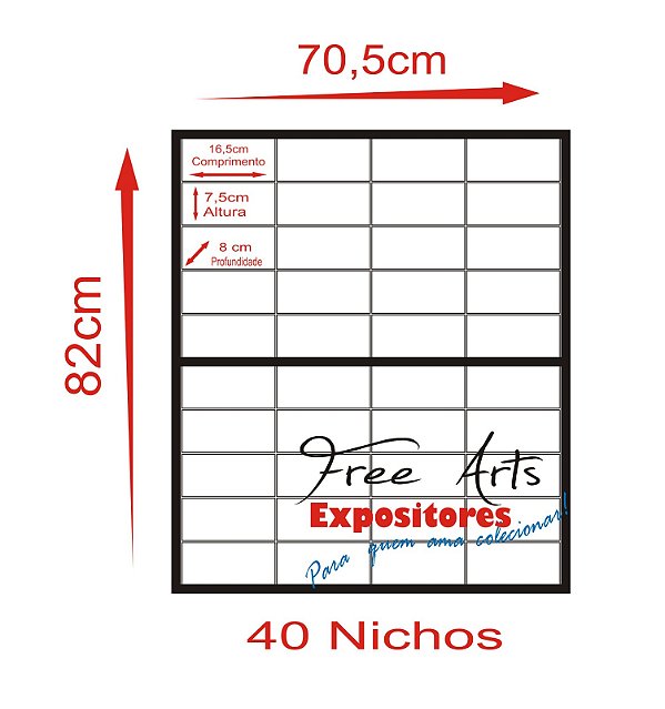 Expositor 40 Nichos Para Carrinhos Escala 1:43 Preto Porta de Acrílico - Vertical