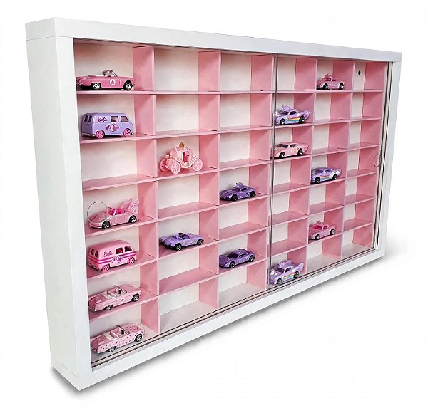 Expositor 42 Nichos Branco Com Rosa e Portas de Acrílico