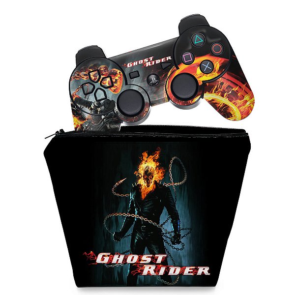 KIT Capa Case e Skin PS3 Controle - Ghost Rider Motoqueiro #b