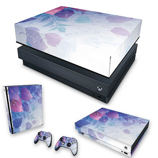 KIT Xbox One X Skin e Capa Anti Poeira - Folhas Lilás
