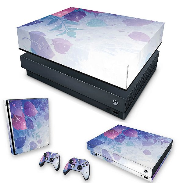 KIT Xbox One X Skin e Capa Anti Poeira - Folhas Lilás