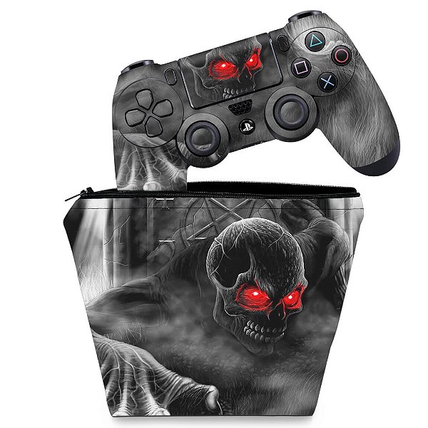 KIT Capa Case e Skin PS4 Controle  - Caveira Skull