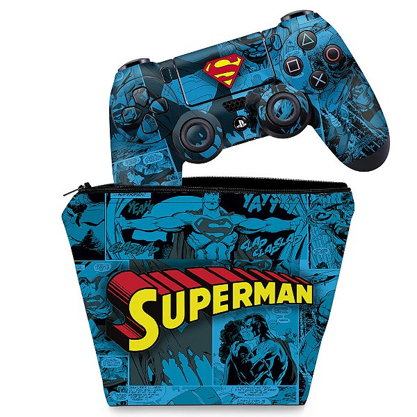 KIT Capa Case e Skin PS4 Controle  - Super Homem Superman Comics