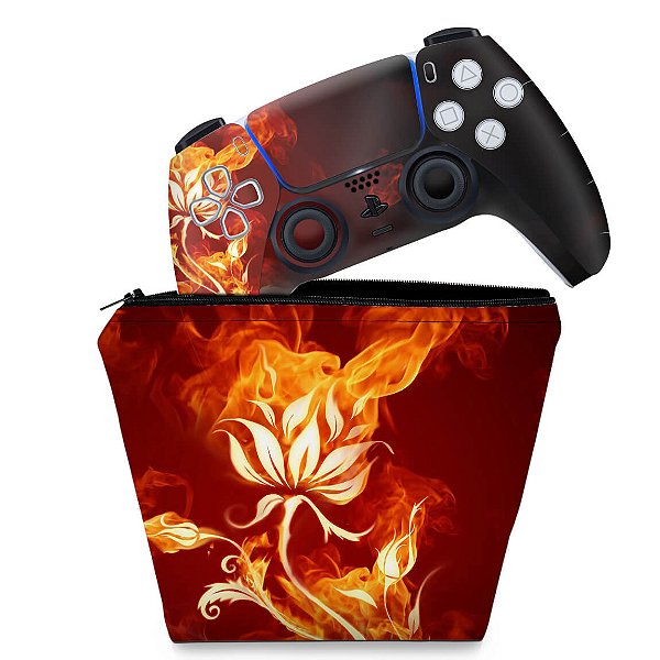 KIT Capa Case e Skin PS5 Controle - Fire Flower