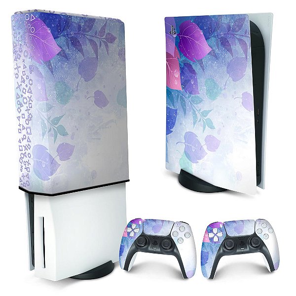 KIT PS5 Skin e Capa Anti Poeira - Folhas Lilás