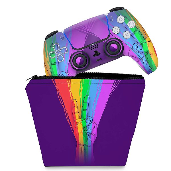 KIT Capa Case e Skin PS5 Controle - Rainbow Colors Colorido