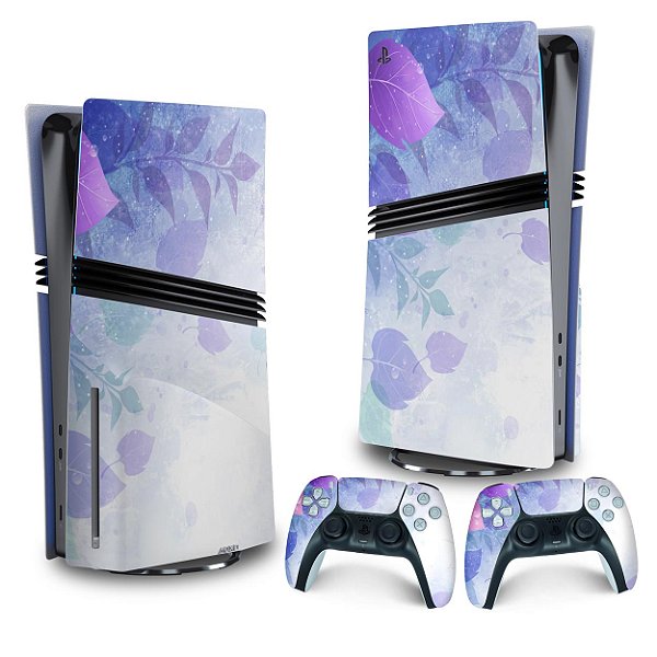 Skin PS5 Pro Vertical - Folhas Lilás