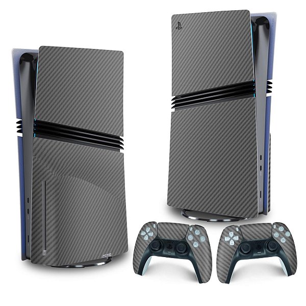Skin PS5 Pro Vertical - Fibra de Carbono Cinza Grafite