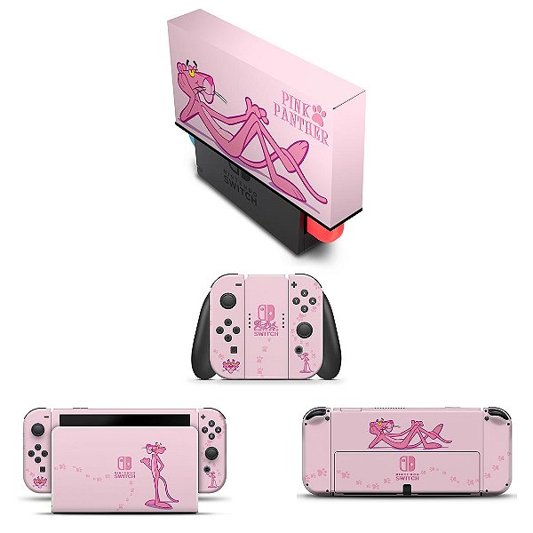 KIT Nintendo Switch Oled Skin e Capa Anti Poeira - Pantera Cor de Rosa