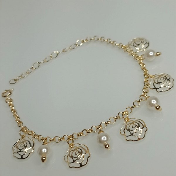 Pulseira pérolas e flores
