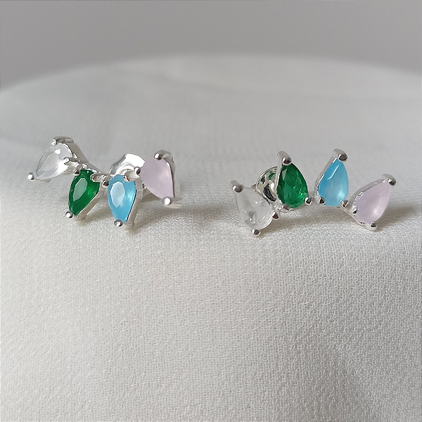Brinco ear cuff 4 gotas coloridas prata 925