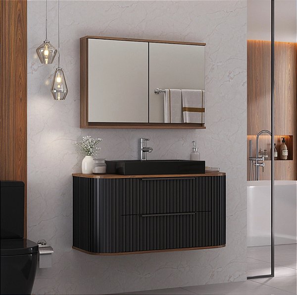 Kit gabinete Ripado Curvo, cuba e espelheira 1,00MT Cacau/Preto 3292