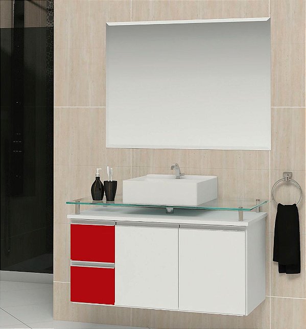 Kit gabinete, base de vidro,cuba e espelheira 0,80MT Branco/vermelho 096399