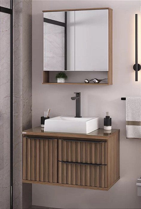 Kit gabinete Ripado, Cuba e Espelheira 0,78MT Nogal  3517