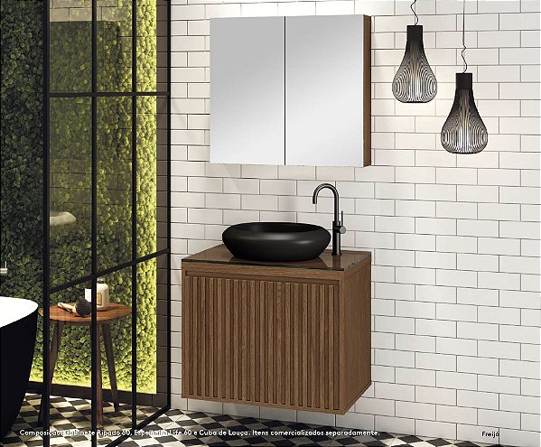 Kit gabinete Ripado, base de vidro, cuba e espelheira 0,60MT Freijo 4175