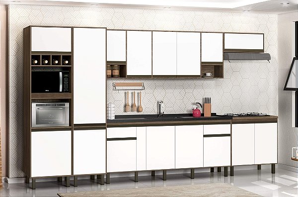 Kit Gabinete 29341 + Aereo 1.74MT + Modulo geladeira + Torre quente + Paneleiro + Modulo Cooktop Avelato/Branco