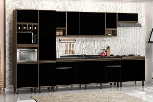 Kit Gabinete 29352 + Aereo 1.94MT + Modulo geladeira + Torre quente + Paneleiro + Modulo Cooktop Avelato/Preto