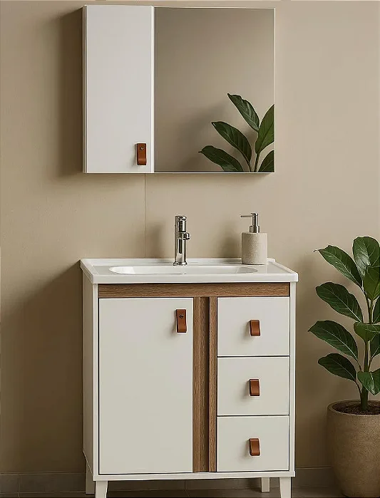 Kit Gabinete Ripado C/pes, Cuba e Espelheira 0.60MT Branco/Jequitiba 46314