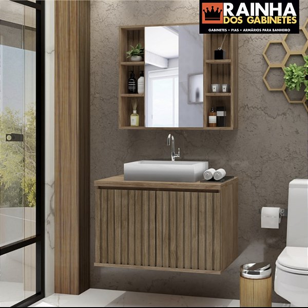 Kit gabinete Ripado, Base de vidro, Cuba e Espelheira C/Armario 0.80MT Avelato 43944