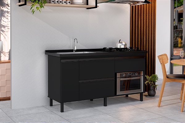 Gabinete Queen Madeira C/ Entrada Para forno 58x40cm Preto 1.44MT