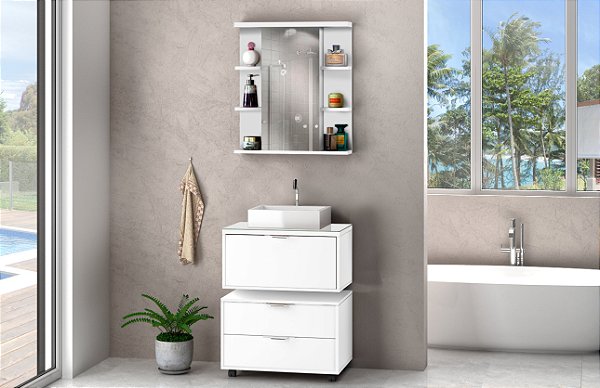 Kit gabinete,modulo, cuba e espelheira 0,60MT Branco 29811