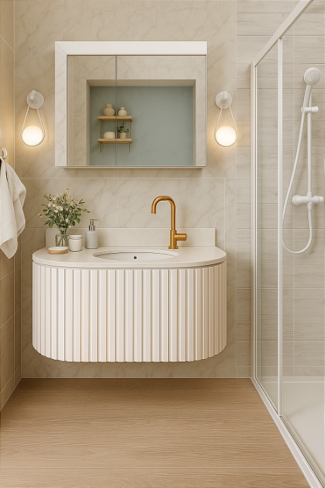 Kit Gabinete Ripado Curvo Cuba Pedra Ardosia e Espelheira 0.80MT Branco 4471