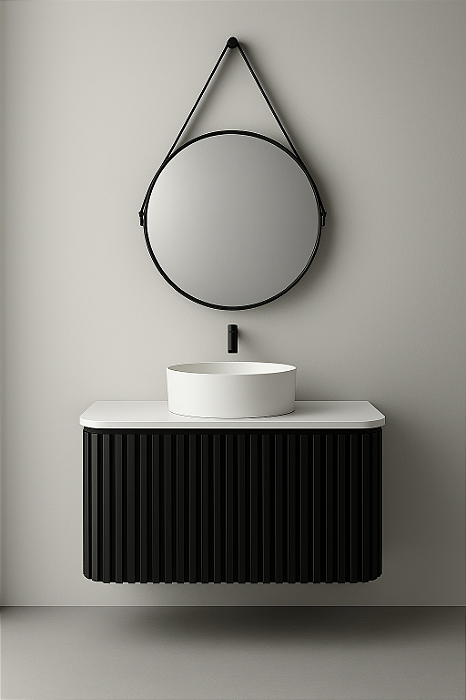 Kit Gabinete Ripado Curvo, Bancada Pedra Ardosia, Cuba de apoio redonda e Espelheira 0.60MT Preto/Branco 4652