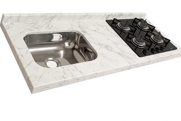 Pia Marmore branco Cuba Funda/Sobreposta/Parte seca e corte cooktop Nicho 53x36 - 4 bocas Direita 1.20MT