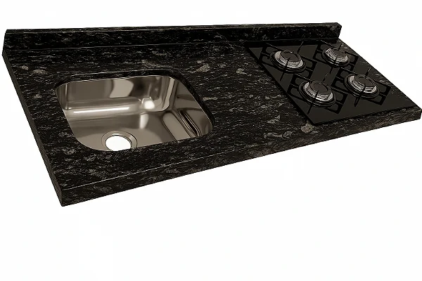 Pia granito Preto Indiano Cuba Funda/Sobreposta/Parte seca e corte cooktop Nicho 53x36 - 4 bocas Direito 1.20MT