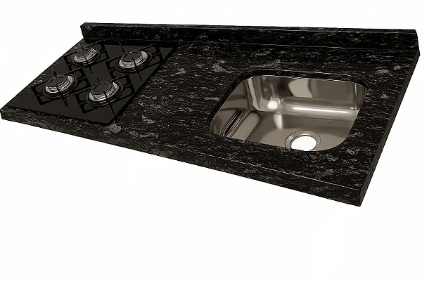 Pia granito Preto Indiano Cuba Funda/Sobreposta/Parte seca e corte cooktop Nicho 53x36 - 4 bocas Esquerdo 1.20MT