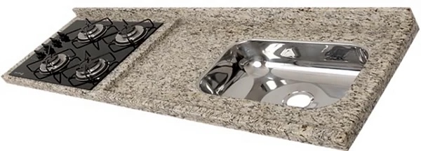 Pia granito ornamental Cuba Funda/Sobreposta/Parte seca e corte cooktop Nicho 48x28 - 2 bocas Esquerda 1.20MT