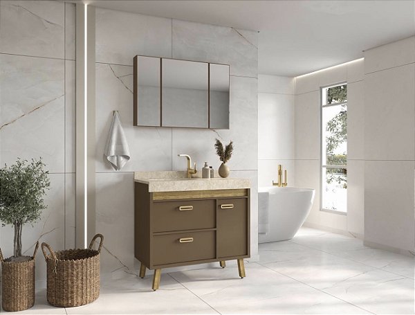 Kit Gabinete C/pes, Bancada pedra Natural, Cuba e Espelheira 0,90MT Barroco 4862