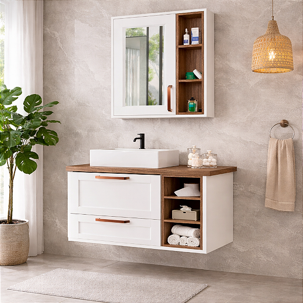 Kit gabinete, base de vidro, Cuba e Espelheira C/Armario 0.80MT Branco Tampo Avelato 49414