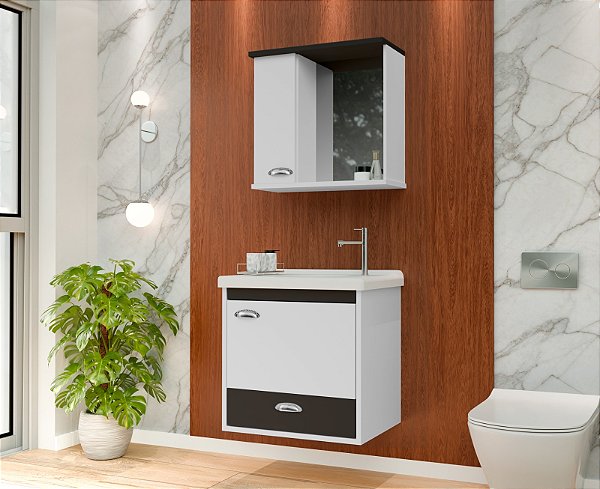 Kit gabinete, Cuba e Espelheira 0.46MT Branco/Preto 4962