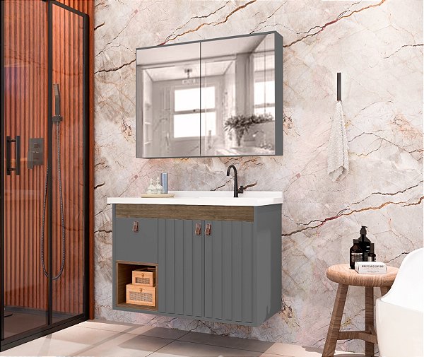 Kit gabinete, Cuba e Espelheira 0.80MT Grafite/Avelato 49824