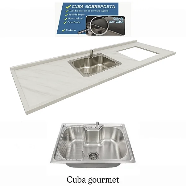 Pia Marmore branco Cuba GOURMET/Sobreposta/Parte seca e corte cooktop Nicho 53x36 - 4 bocas Direito 2.00MT