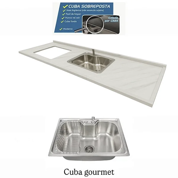 Pia Marmore branco Cuba GOURMET/Sobreposta/Parte seca e corte cooktop Nicho 53x36 - 4 bocas Esquerdo 1.80MT