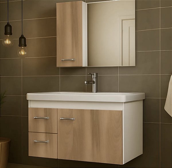 Kit gabinete,cuba e espelheira 0,74MT Branco/Freijo 22317