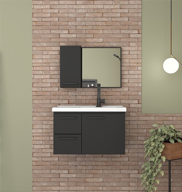 Kit gabinete Aço,cuba e espelheira 0.60MT Preto 2052