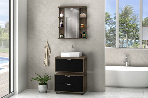 Kit gabinete, modulo, cuba e espelheira 0,80MT Preto/Avelato 2992