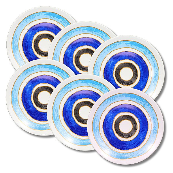 Jogo 6 pratos rasos Coupe Azul Olho Grego - Cerâmica Scalla
