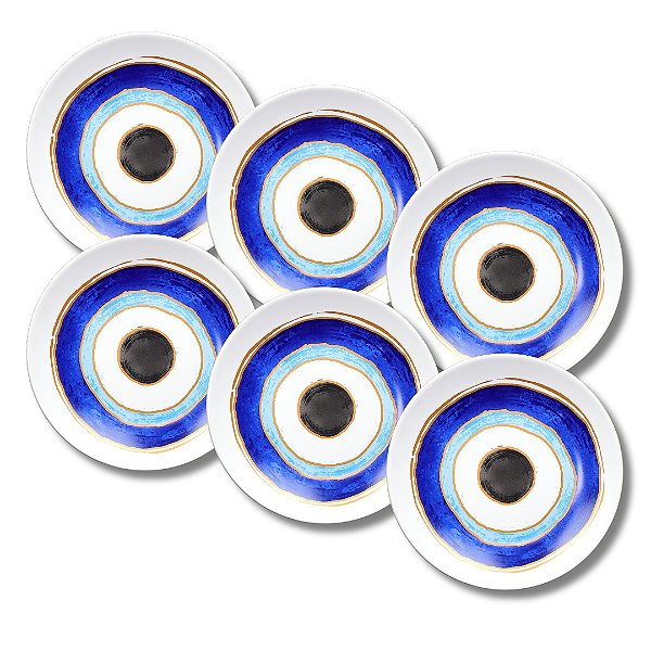 Jogo 6 Pratos Sobremesa Coupe Azul Olho Grego - Cerâmica Scalla
