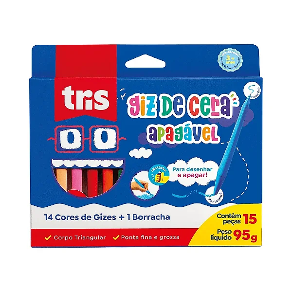 Giz Apagável Tris 14 cores + Borracha Tris