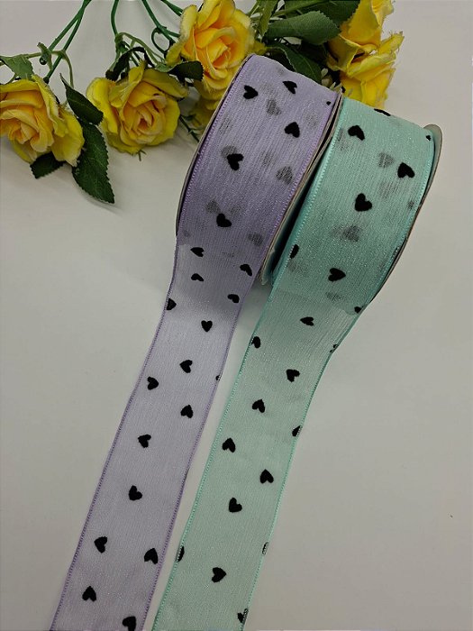 Fita Organza com Coração Preto n9 (38mm) com 1 Metro