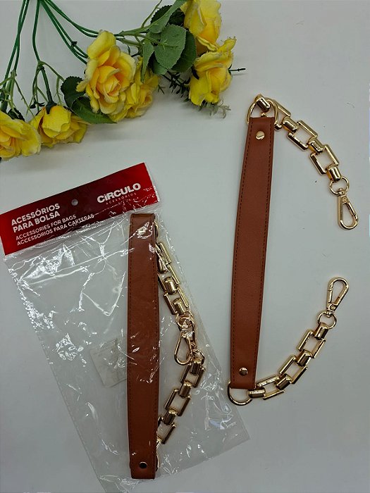 Alça de PU com Corrente - 55cm - 1 Unidade - Marrom
