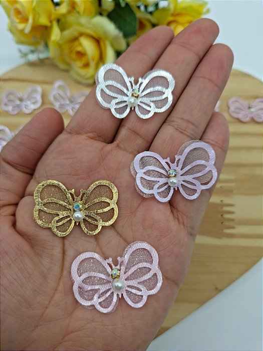 Borboleta Strass/Voal Pequena 3cm com 2 uni.