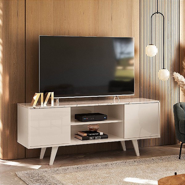 Rack chão Bancada Lisboa Calacata / Off White p/ TV até 55”