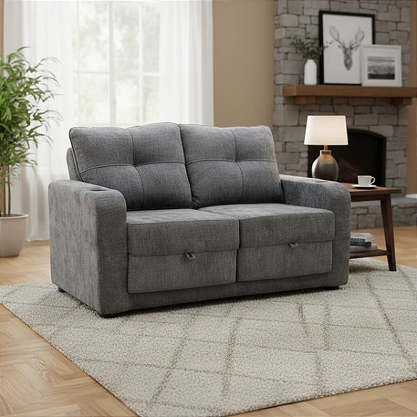 Sofa Cama Reclinavel 2 lugares Kiara Cinza Porta Copos